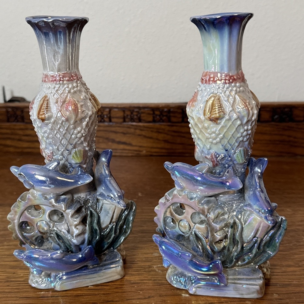 Vintage Pair Iridescent Dolphin Ocean Ceramic Vases 7.5" Coastal Nautical Decor